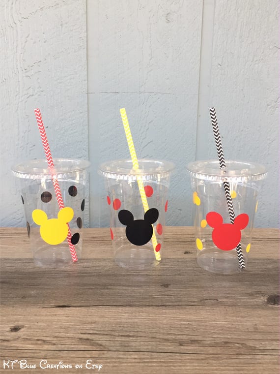 Mickey Mouse Party Cups - Red, Yellow & Black - Disposable Plastic Cups w/Lids and Straws - 16oz. - Mickey Birthday - Choose Quantity, 24-50 Il_570xn