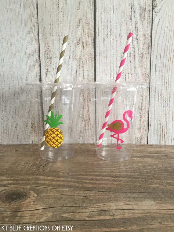 Tropical Party Cups - Flamingo Birthday - Gold Chrome - Disposable Cups w/Lids+Straws - 16oz.- Pineapple Party - Choose Quantity, 24-50 cups Il_570xn