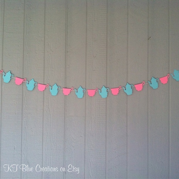 Tea Party Garland - Tea Party Birthday - Pink/Aqua Tea Party - Tea Party Birthday - Photo Prop - Tea Time Party - Teacup/Teapot Garland Il_570xn