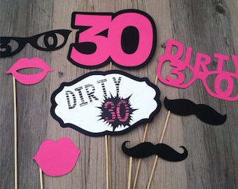 Hot Pink DIRTY 30 Photo Props - set of 8 - Hot PINK & BLACK - 30th Birthday Props, Photo booth props, Birthday Props, Milestone Birthday