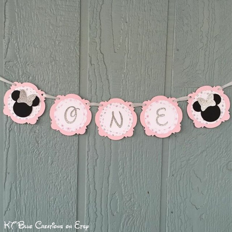 Minnie Mouse banner One or Two banner 1st or 2nd birthday Shabby Chic Silver GLITTER /& Pale Pink Minnie Mouse Highchair Banner