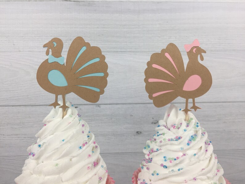 Turkey Cupcake Toppers - Turkey Gender Reveal - Turkey Baby Shower - Boy or Girl Turkey Toppers - Fall 1st Birthday - Little Turkey Birthday image 2