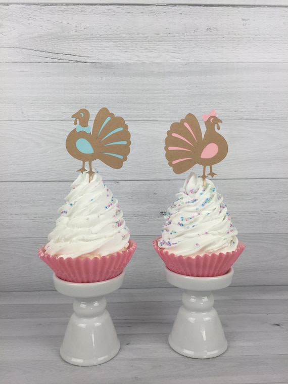 Turkey Cupcake Toppers - Turkey Gender Reveal - Turkey Baby Shower - Boy or Girl Turkey Toppers - Fall 1st Birthday - Little Turkey Birthday