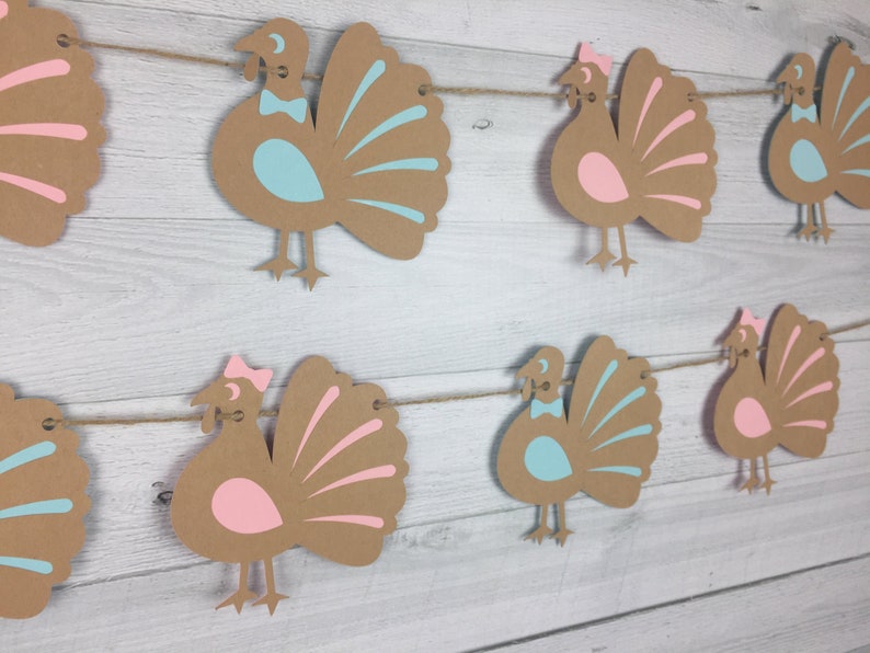 Turkey Gender Reveal Garland Thanksgiving Baby Shower Little Turkey Banner Boy Or Girl Banner Gender Reveal Baby Shower Turkey Shower image 1