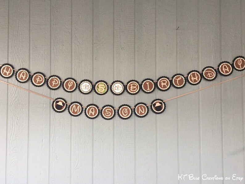 May include: A brown and black banner with the words "Happy Birthday Mason" in white letters. The banner is strung on a wall with a brown wooden background.