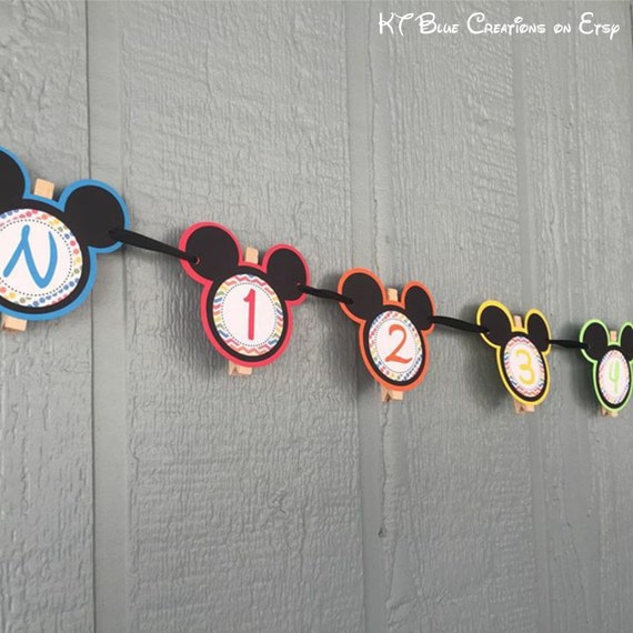 First Year Banner - Mickey Mouse Clubhouse - Rainbow Chevron & Polka Dots - First Year Banner - Disney Party - set of 13 strung photo clips Il_570xn