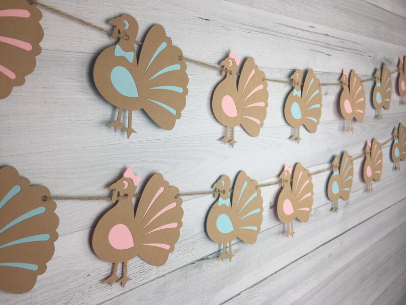 Turkey Gender Reveal Garland Thanksgiving Baby Shower Little Turkey Banner Boy Or Girl Banner Gender Reveal Baby Shower Turkey Shower image 3