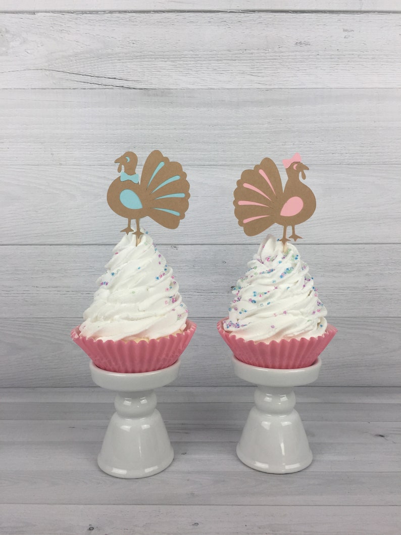 Turkey Cupcake Toppers - Turkey Gender Reveal - Turkey Baby Shower - Boy or Girl Turkey Toppers - Fall 1st Birthday - Little Turkey Birthday image 6