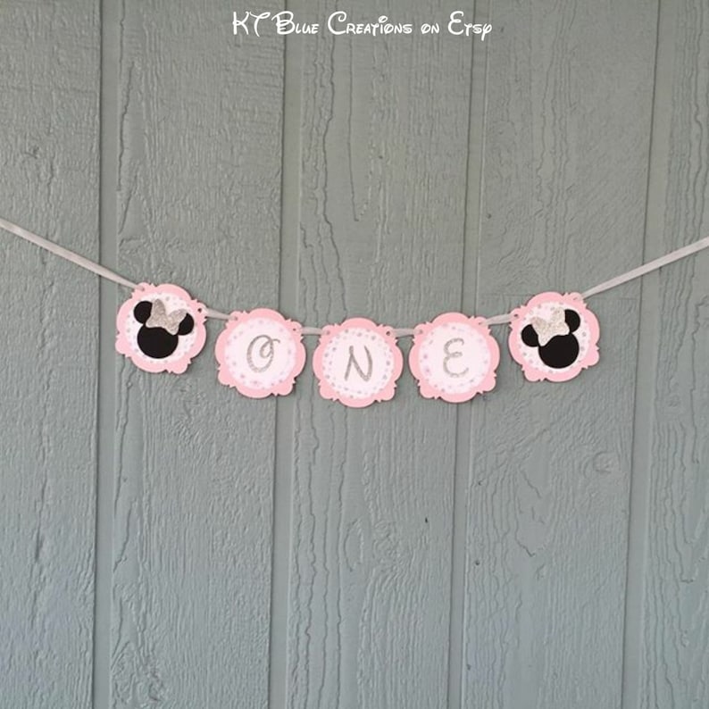 Minnie Mouse banner One or Two banner 1st or 2nd birthday Shabby Chic Silver GLITTER /& Pale Pink Minnie Mouse Highchair Banner