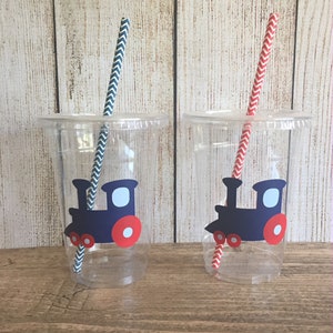 Train Party Cups Red, Navy & Light Blue Disposable Plastic Cups w/Lids and Straws 16oz. Train Birthday Choose Quantity, 24-50 image 4