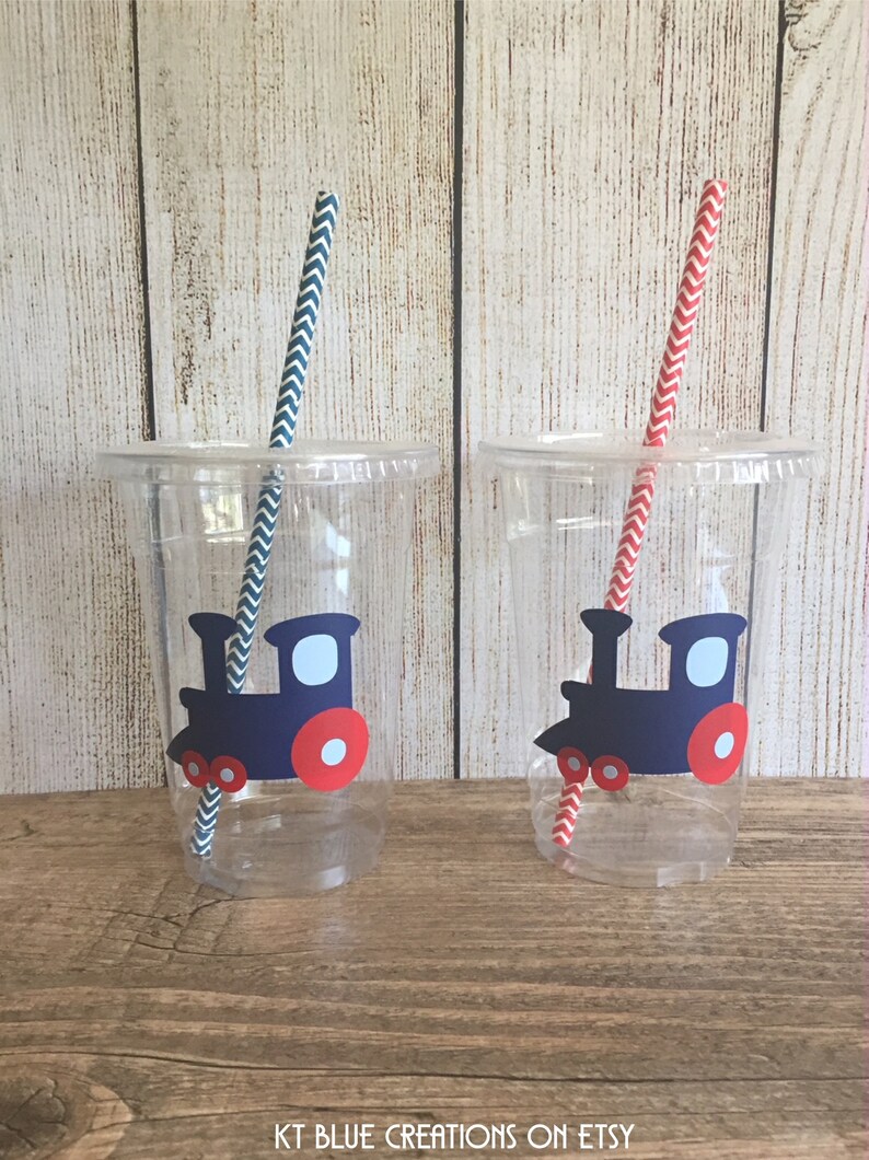 Train Party Cups Red, Navy & Light Blue Disposable Plastic Cups w/Lids and Straws 16oz. Train Birthday Choose Quantity, 24-50 image 4