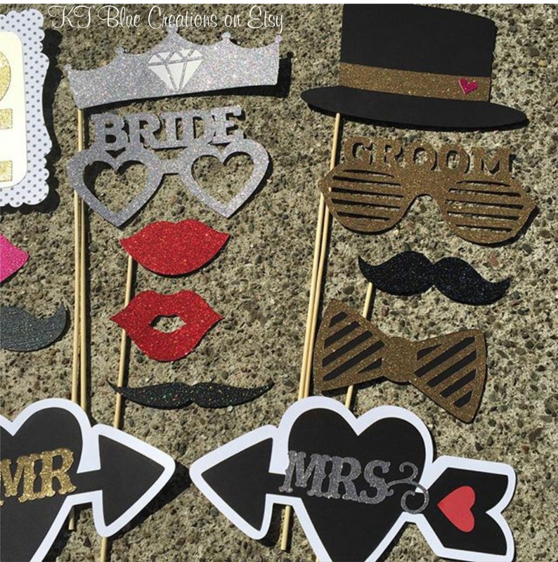 Wedding GLITTER Photo Props set of 16 Mr. and Mrs. Bride & Groom Props Photo Booth Props, Wedding, Bridal, Bachelorette, Party Props image 2