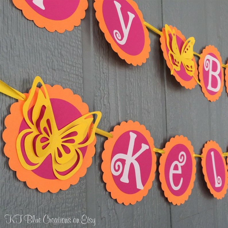 Shades of Bright Orange Butterfly Birthday Banner Hot Pink /& Yellow Personalized