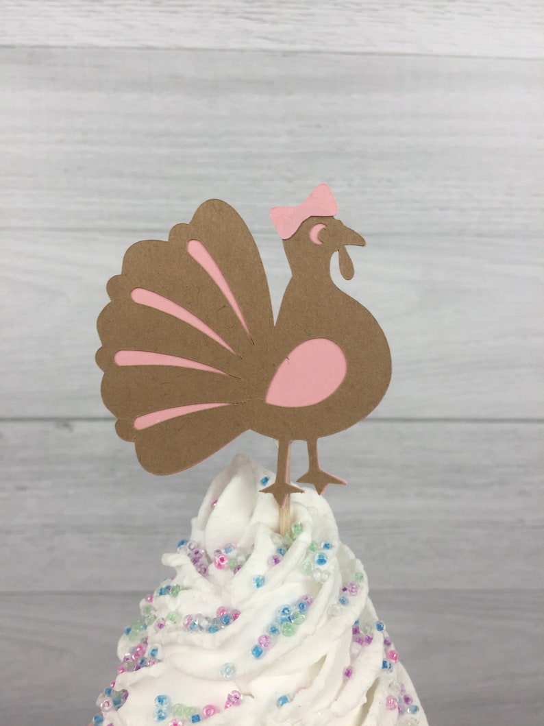 Turkey Cupcake Toppers - Turkey Gender Reveal - Turkey Baby Shower - Boy or Girl Turkey Toppers - Fall 1st Birthday - Little Turkey Birthday image 4