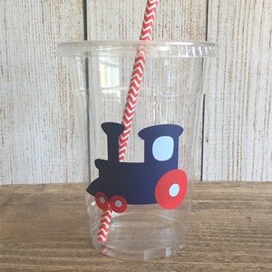 Train Party Cups Red, Navy & Light Blue Disposable Plastic Cups w/Lids and Straws 16oz. Train Birthday Choose Quantity, 24-50 image 5