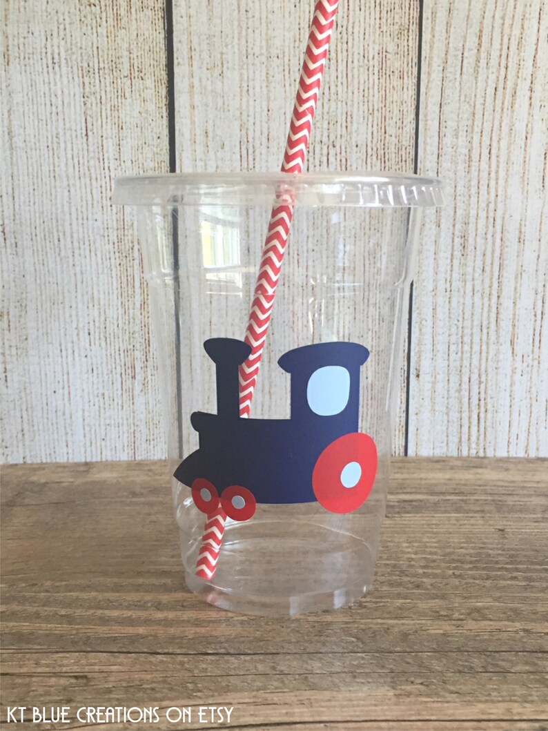 Train Party Cups Red, Navy & Light Blue Disposable Plastic Cups w/Lids and Straws 16oz. Train Birthday Choose Quantity, 24-50 image 5