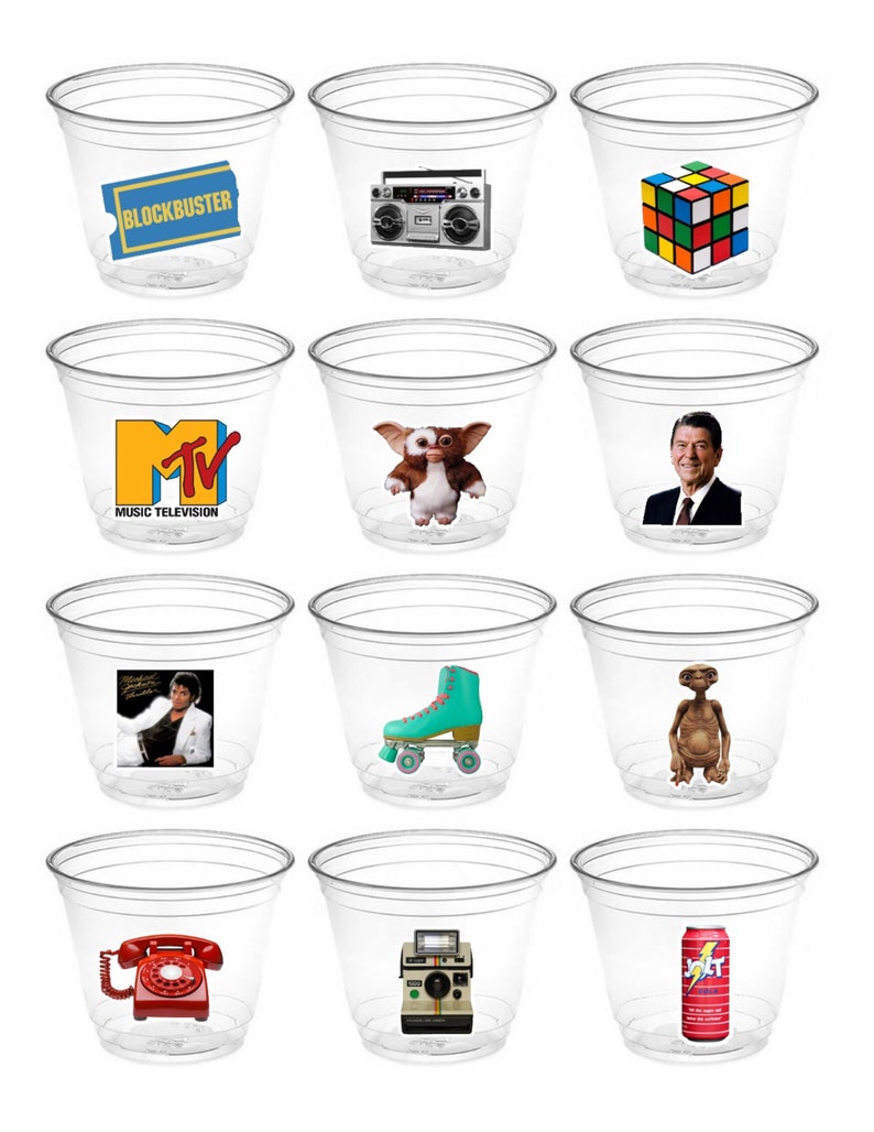 May include: Nine clear plastic cups with various 1980s themed images printed on the bottom. The images include a Blockbuster video rental ticket, a boombox, a Rubik's Cube, the MTV logo, a character from the movie E.T., a roller skate, a character from the movie Gremlins, a rotary phone, an instant camera, and a can of Surge soda.