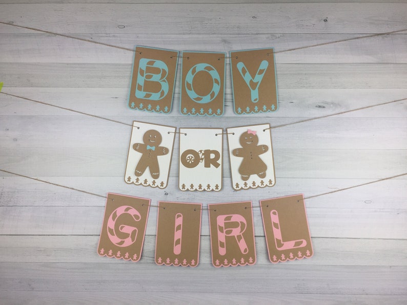 GINGERBREAD Boy or Girl Banner Christmas Baby Shower Gingerbread Gender Reveal Winter Gender Reveal Baby Shower Banner He or She Party image 1