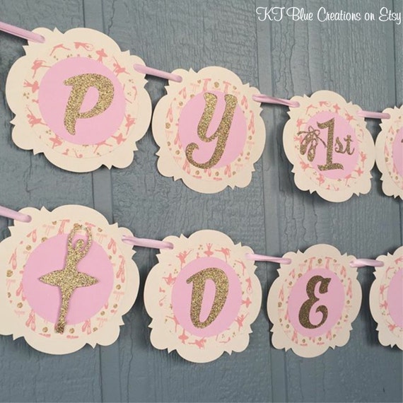 Ballerina/Ballet Birthday Banner - Shades of Ivory, Pink & Gold GLITTER - Personalized with Name and Age - Birthday - Ballerina Party Il_570xn
