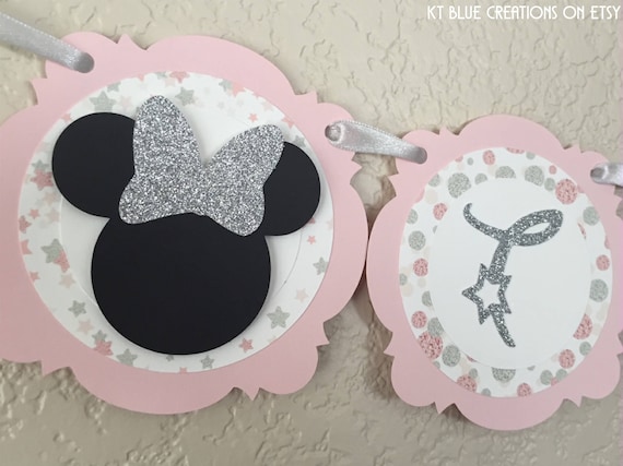 Silver GLITTER & Pale Pink Minnie Mouse Highchair Banner - Silver Stars - "One" or "Two" banner - 1st or 2nd birthday - Minnie Mouse banner Il_570xn