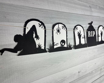 GRAVEYARD TOMBSTONE Garland - Tombstone Banner - Halloween Banner - Halloween Party - Birthday - Zombie Tombstone - RIP Headstone Graveyard