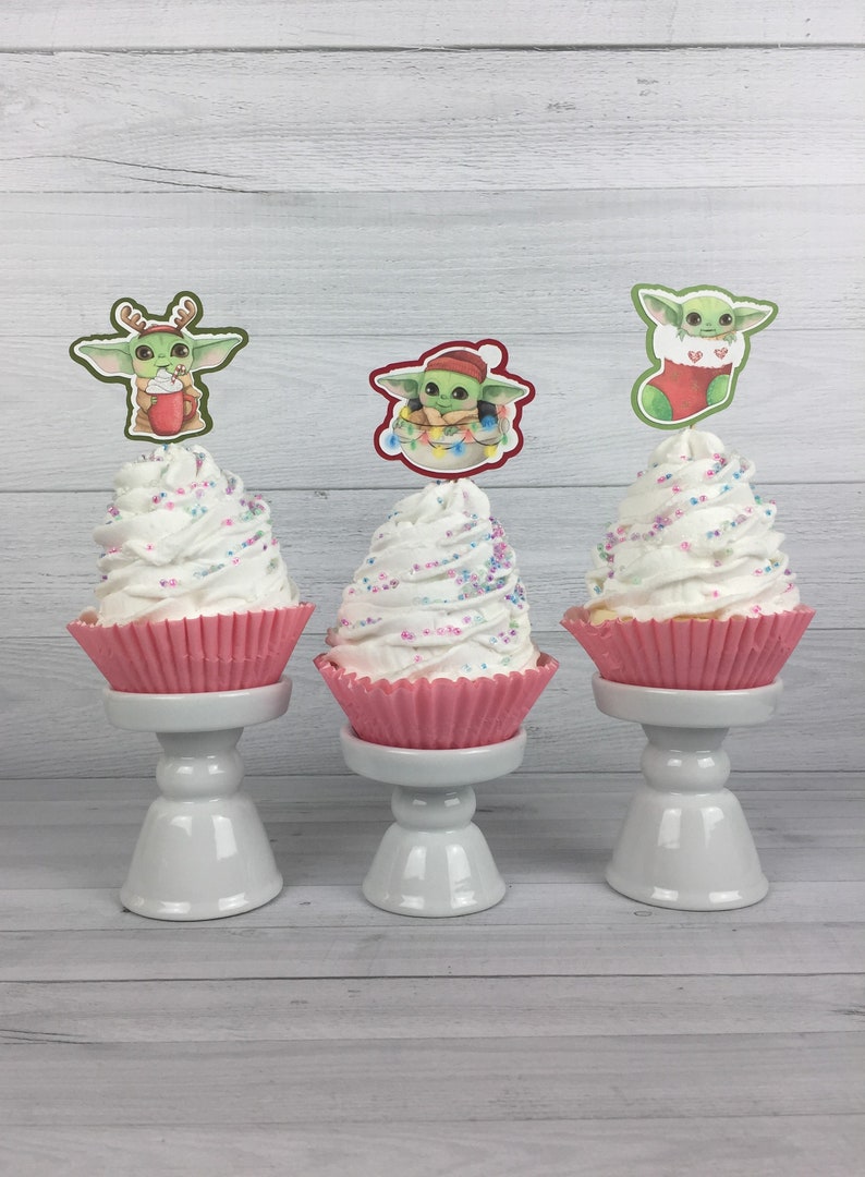 Baby Alien Child Cupcake Toppers Christmas Alien Birthday The Child Birthday Cupcake Toppers Baby Alien Party The Child Holiday Toppers image 8
