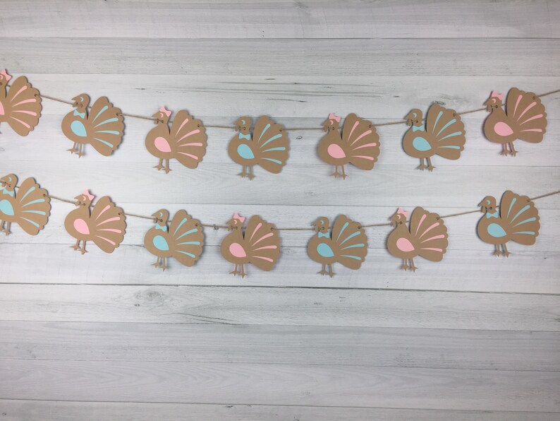 Turkey Gender Reveal Garland Thanksgiving Baby Shower Little Turkey Banner Boy Or Girl Banner Gender Reveal Baby Shower Turkey Shower image 2