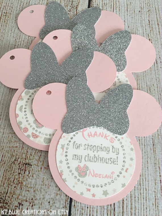 Silver GLITTER & Pale Pink Minnie Mouse Favor Tags - PERSONALIZED w/name - Silver Stars, Favor Tags, Thank You, Gift Tags - set of 12 tags Il_570xn