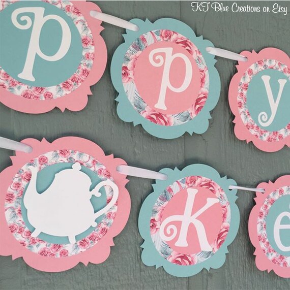 Floral Shabby Chic TEA PARTY Birthday Banner - Personalized with Name - Light Pink, Light Blue, White & Floral Prints - Birthday Banner Il_570xn