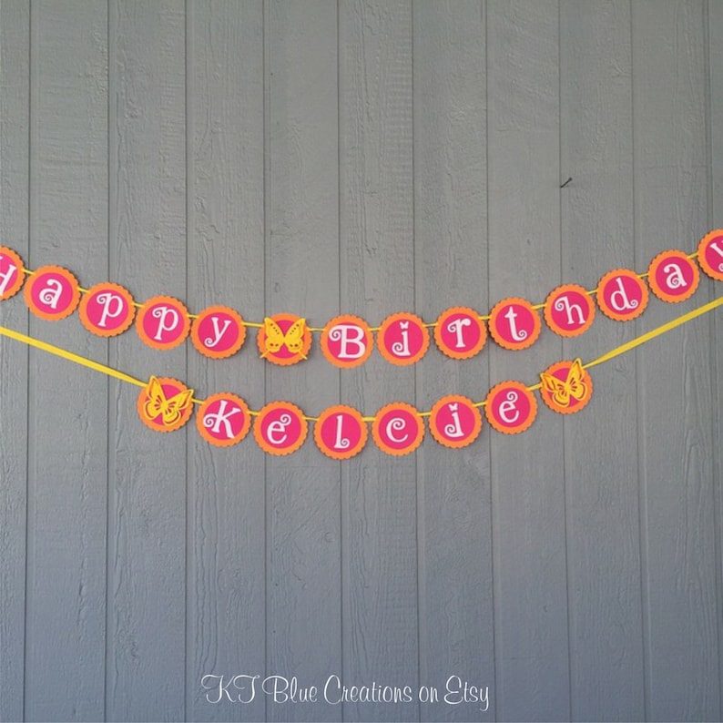 Shades of Bright Orange Butterfly Birthday Banner Hot Pink /& Yellow Personalized