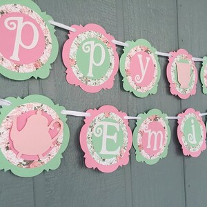 Shabby Chic TEA PARTY Birthday Banner - Personalized with Name - Shabby Chic Floral - Mint, Light Pink, White - Birthday Banner