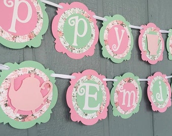 Shabby Chic TEA PARTY Birthday Banner - Personalized with Name - Shabby Chic Floral - Mint, Light Pink, White - Birthday Banner