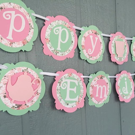 Shabby Chic TEA PARTY Birthday Banner - Personalized with Name - Shabby Chic Floral - Mint, Light Pink, White - Birthday Banner Il_570xn