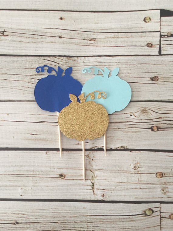 Blue/Gold Pumpkin Cupcake Toppers - Little Pumpkin Birthday - Pumpkin Baby Shower - Blue & Gold Pumpkin Birthday - Pumpkin Picks - set of 12 Il_570xn