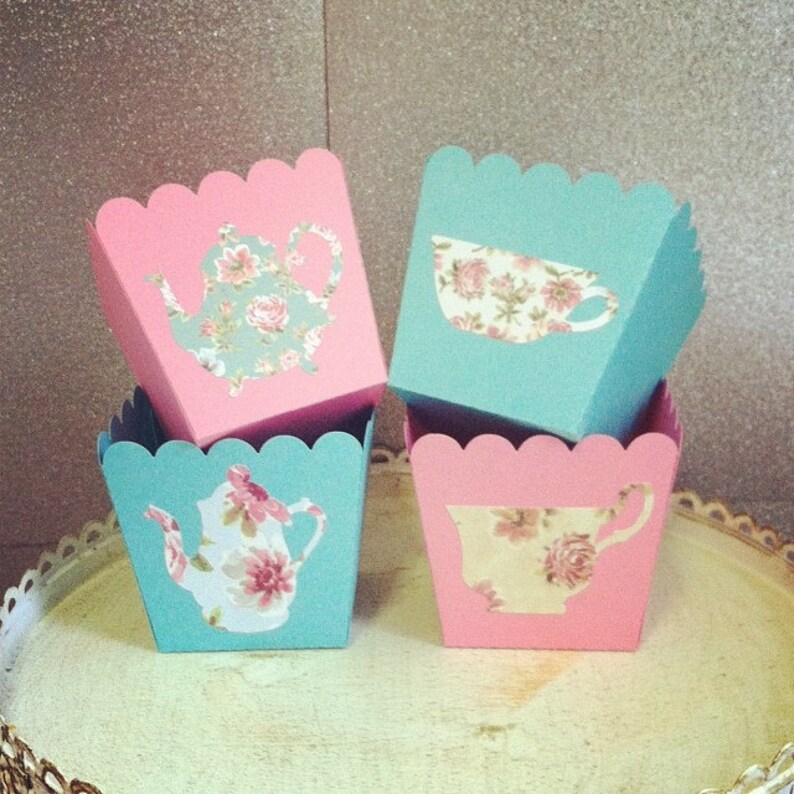 Shabby Chic Treat Boxes Set Of 12 Gift Boxes Small Favor Boxes Aqua Pink Tea Party Candy Cups Treat Boxes 2 25 W X 3 H