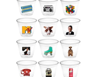 80's Party Cups - 1980's Party - Disposable Plastic Cups, 9oz - Iconic Things of the 80's - 80's Theme Treat Cups - I love the 80's Party