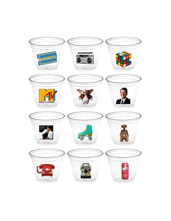 80's Party Cups - 1980's Party - Disposable Plastic Cups, 9oz - Iconic Things of the 80's - 80's Theme Treat Cups - I love the 80's Party