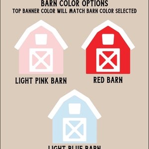 May include: Three barn illustrations showing colour options for a barn themed craft project. The barn options are light pink, red, and light blue. The text reads "KT Blue Creations Barn Colour Options Top Banner Colour Will Match Barn Colour Selected *Alternate Colour Options Shown In Last Pic"