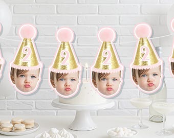 Custom Photo Face Banner - Baby Face Birthday Banner - Pink/Gold Glitter Party Decor - Baby Girl 1st Birthday Garland - 8ft.