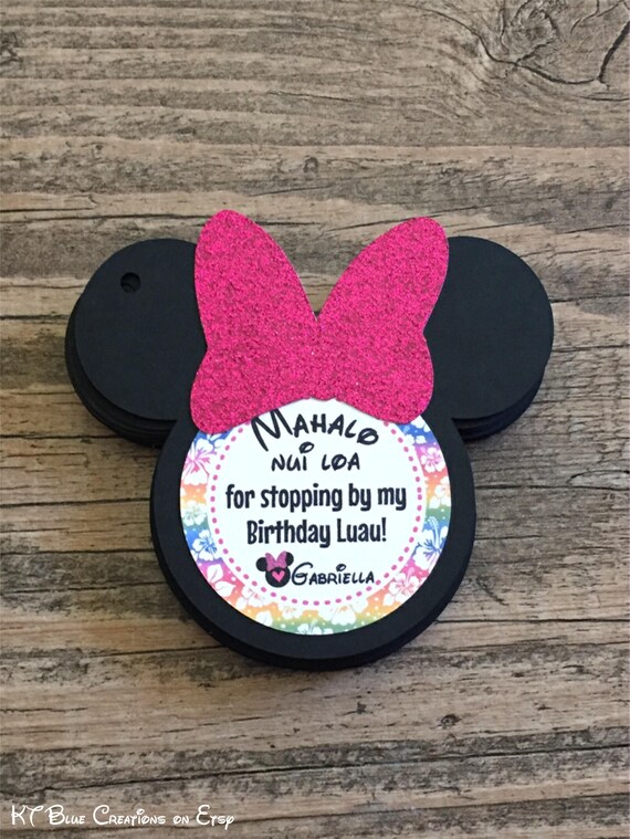 Hot Pink GLITTER Minnie Luau Favor Tags - PERSONALIZED - Luau, Hawaiian Theme Thank You Tags, Gift Tags - baby shower, birthday - set of 12 Il_570xn