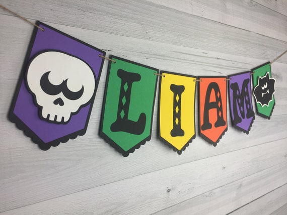Halloween NAME Banner - Halloween Birthday - Spooky Name Banner - Halloween Party - Skull & Bat Banner - Any Name - Custom Halloween Banner Il_570xn