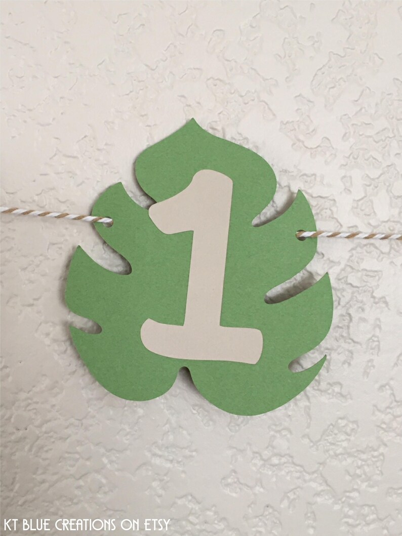 Puede incluir: Hoja verde de monstera con un n&uacute;mero uno blanco en ella. La hoja est&aacute; colgada de una cuerda.