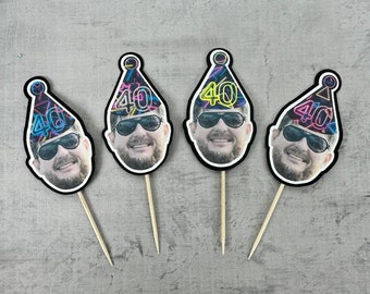 Adornos para cupcakes con caras personalizadas de neón de los 80 - Para cualquier edad - Adornos para cupcakes con foto personalizada - Cumpleaños divertido - 40.º cumpleaños - Fiesta de los 80 - Decoración facial personalizada