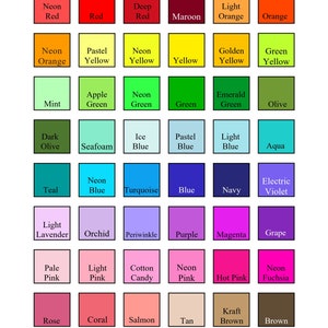 May include: A chart of solid matte cardstock colours available in a variety of shades, including red, orange, yellow, green, blue, purple, pink, brown, grey, and black. The chart is labelled "KT Blue Creations Solid Matte Cardstock Colours Available!" and includes the names of each colour.