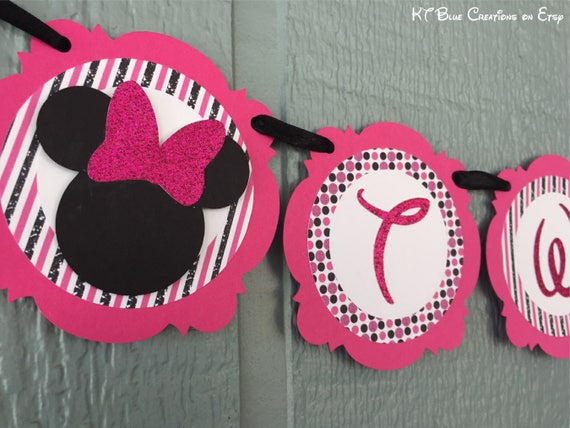 Hot Pink GLITTER & Black Minnie Mouse Highchair Banner - Hot Pink - "One" or "Two" banner - 1st or 2nd birthday - Minnie Mouse banner Il_570xn