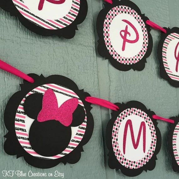 Minnie Birthday Banner - GLITTER Hot Pink/Black/White - Minnie Mouse Birthday - Minnie's Bowtique - Minnie Party Decorations - Personalized Il_570xn