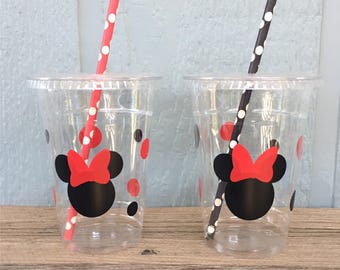 Minnie Party Cups - Red & Black - Disposable Plastic Cups w/Lids and Straws - 16oz. - Minnie Mouse Birthday - Choose Colors+Quantity, 10-20