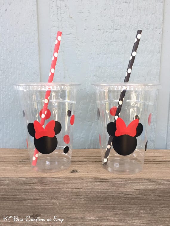 Minnie Party Cups - Red & Black - Disposable Plastic Cups w/Lids and Straws - 16oz. - Minnie Mouse Birthday - Choose Colors+Quantity, 24-50 Il_570xn