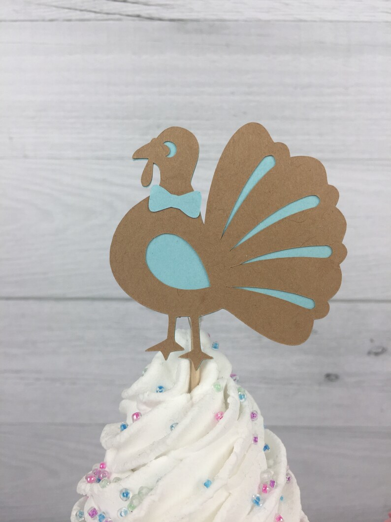 Turkey Cupcake Toppers - Turkey Gender Reveal - Turkey Baby Shower - Boy or Girl Turkey Toppers - Fall 1st Birthday - Little Turkey Birthday image 5