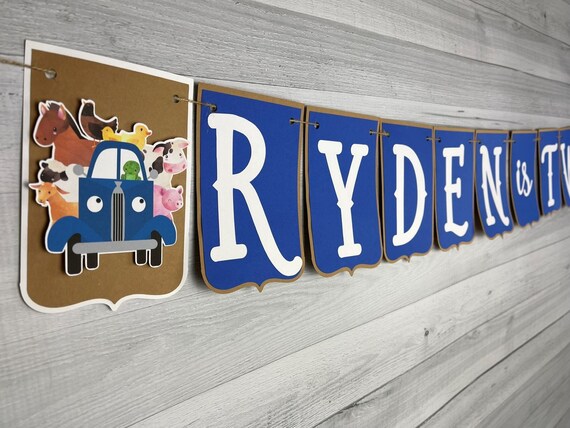 Blue Truck Name Banner - Name & Age Truck Banner - Farm Birthday - Blue Truck and Animals Party - Cute Birthday Banner -Truck Birthday Decor Il_570xn